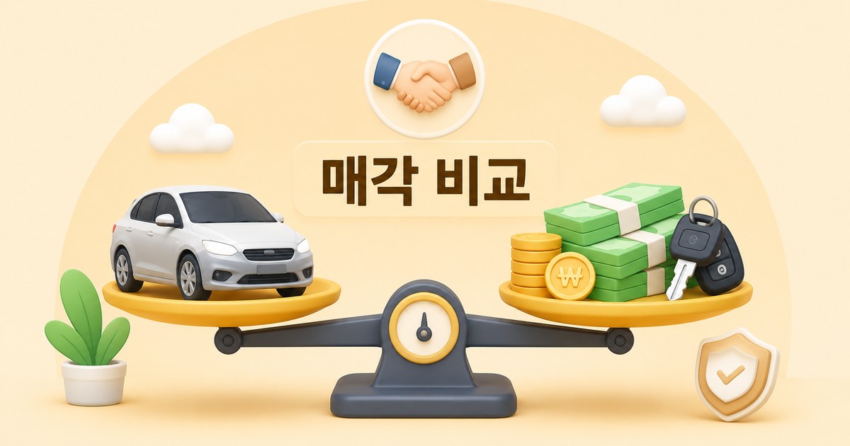 여러 매각 방법 사이에서 차량을 저울질하는 모습을 표현한 그래픽 일러스트