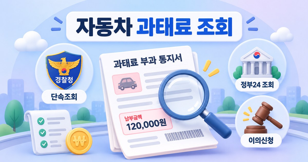 자동차 과태료 고지서와 돋보기로 조회 화면을 확인하는 모습을 표현한 그래픽 일러스트