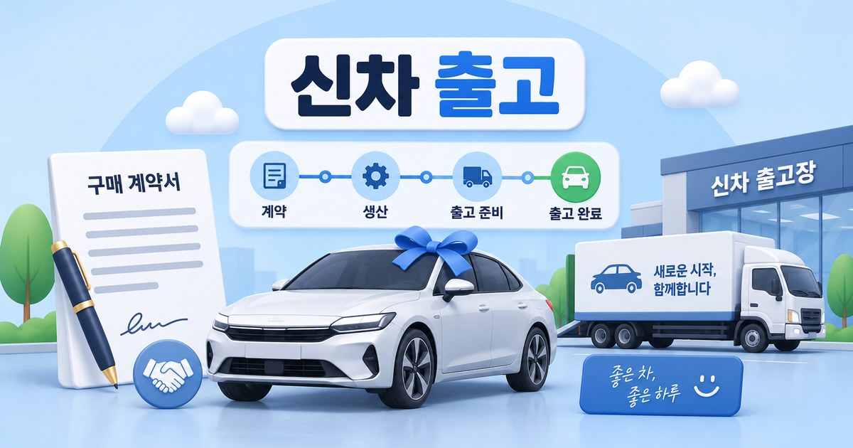 신차 구매 계약서와 계약부터 생산·출고까지 단계를 표현한 그래픽 일러스트