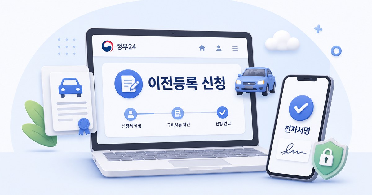 노트북과 스마트폰으로 자동차 이전등록을 온라인으로 신청하는 모습을 표현한 그래픽 일러스트