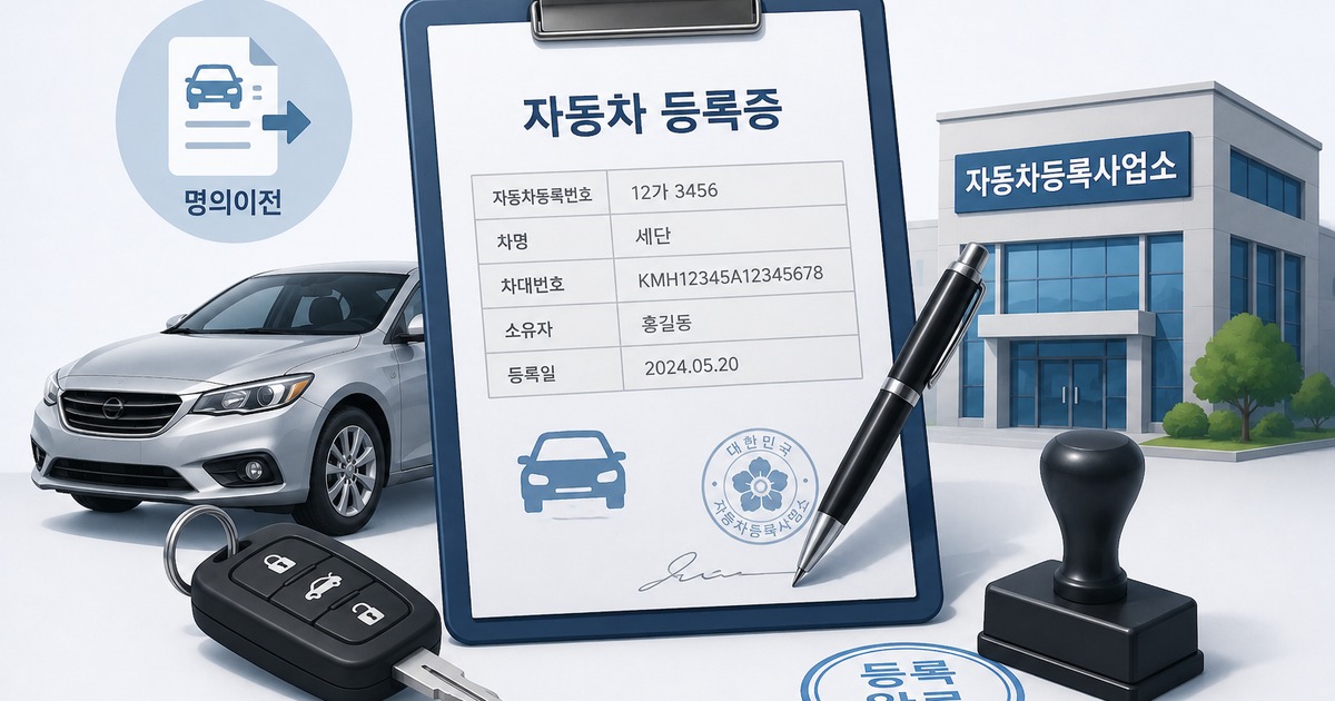 자동차 등록·명의이전 절차를 상징하는 그래픽 일러스트