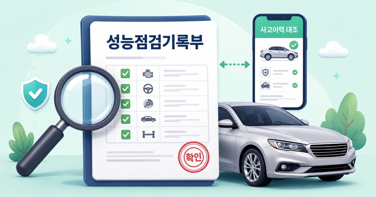 성능점검기록부를 돋보기로 확인하고 스마트폰 사고이력과 대조하는 모습을 표현한 그래픽 일러스트