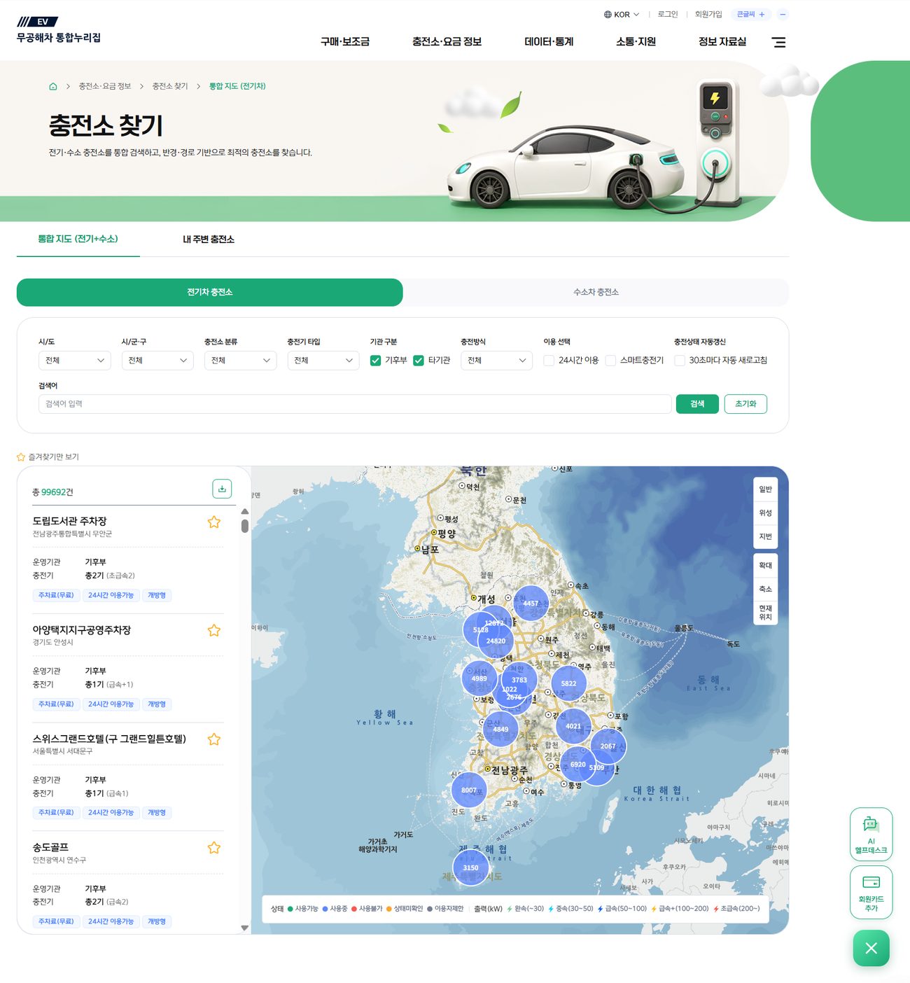 무공해차 통합누리집의 충전소 찾기 화면 — 전국 충전소 위치가 표시된 지도와 시/도, 충전기 타입 등 검색 필터